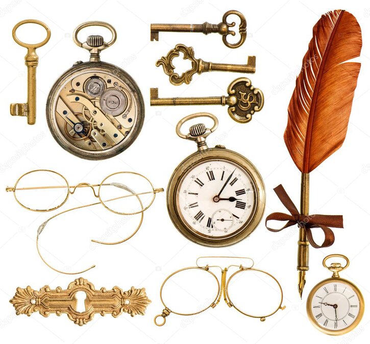 Assorted small collectible items spread out