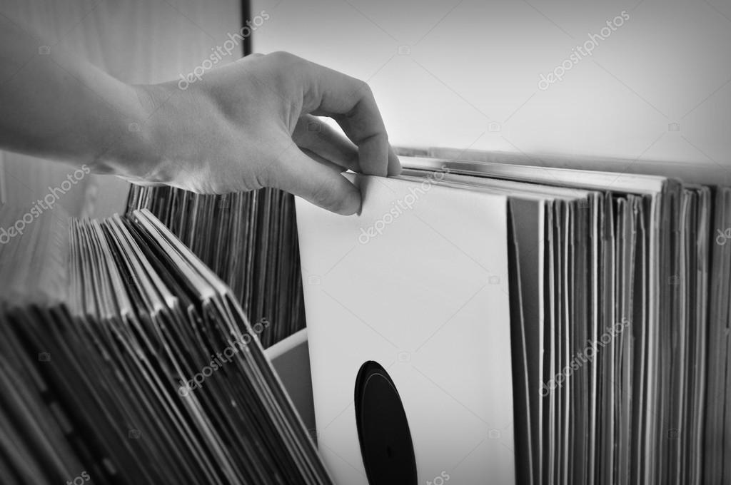 Crates of used vinyl records flipped open
